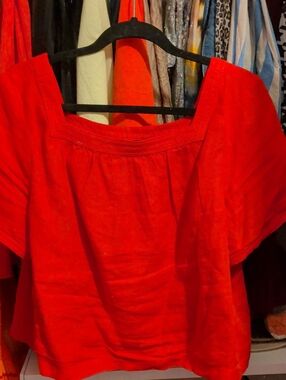 J. Crew Red Square-Neck Linen Blouse